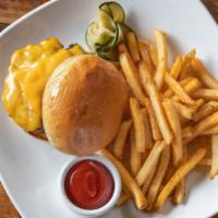 Kids Burger · Choose hamburger or cheeseburger with American cheese. Served with choice of side.