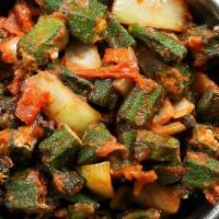 Bhindi Masala · Freshly chopped okra stir-fried with onions, savory spices, & fresh herbs (Vegetarian, Vegan...