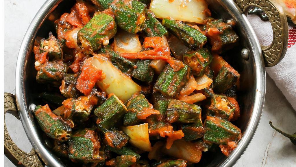 Bhindi Masala · Freshly chopped okra stir-fried with onions, savory spices, & fresh herbs (Vegetarian, Vegan, Gluten-Free, Nut-Free)