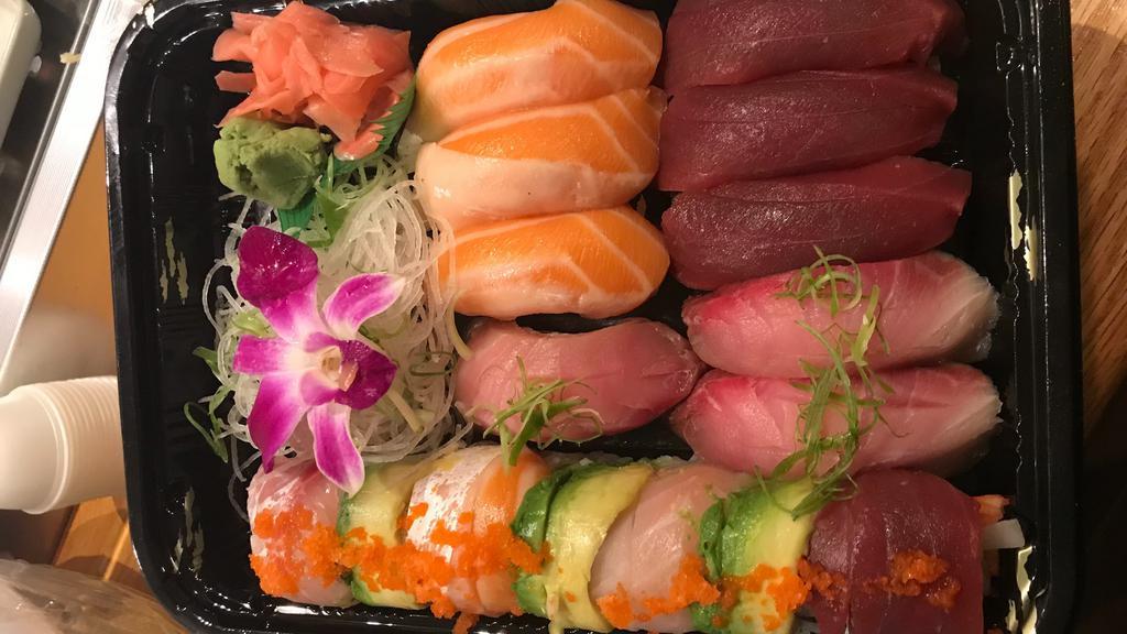 Tri-Color Sushi S · Raw. Three pieces tuna, three pieces salmon, three pieces yellowtail and rainbow maki.