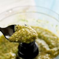 2 Oz Roasted Tomatillo Salsa (Salsa Verde) · Roasted tomatillos and roasted jalapenos. Fresh herbs. Oh yeah