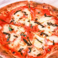 Margherita Pizza · Tomato sauce, fresh mozzarella cheese, sliced tomato, basil, olive oil.