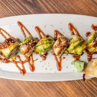 Dragon Roll  House Special · California roll topped with eel and avocado.