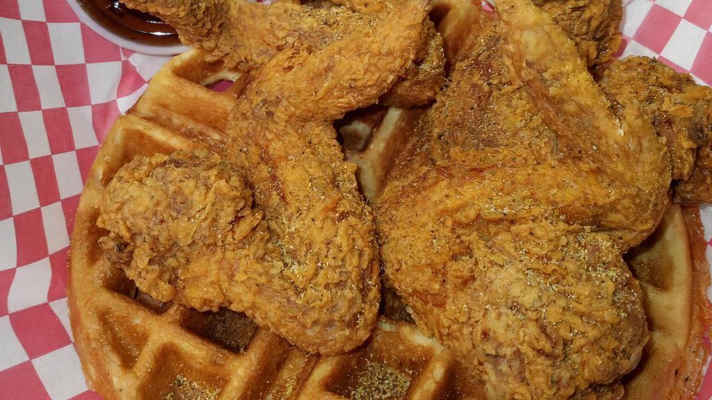 Chicken And Waffle Basket · 4 Whole Wings and Fluffy Belgium Waffle