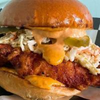 The Vandy · Our Nashville hot chicken sandwich, with slaw, pickles and comeback sauce on a toasted brioc...