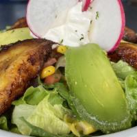 Chipotle Bowl · Rice, beans, crispy romaine, avocado, sweet corn, tomatoes, onions, sweet plantains and sour...