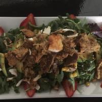 Strawberry Arugula Salad · Grilled chicken, honey walnuts, strawberries, dried cranberries and crumbled goat cheese. Se...