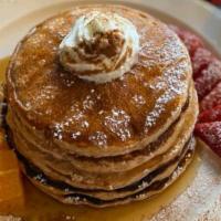 Fresh Buttermilk Pancakes (3) · Three freshly made buttermilk pancakes with flavor options: Plain ($8) or Chocolate Chip ($9...