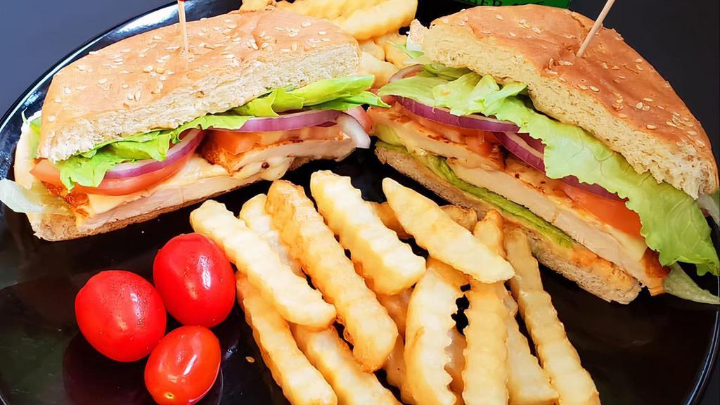 Grilled Chicken Sandwich · Options: Lettuce, tomato, onion, cheddar cheese, bacon, mayo, ketchup, mustard. Served with fries or house salad.