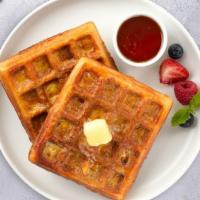 Eggs And Waffle · Crisp Belgian Waffle with Two Eggs Any Style