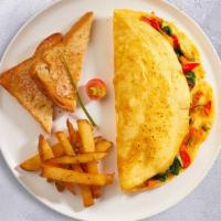 Killa Philla Omelet · Grilled Philly Steak, Onions, Peppers, American Cheese Stuffed in an omelet