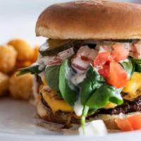 -Diner Burger- · Two ¼ pound patties on a potato roll with house pickles, spinach, tomatoes, American cheese,...