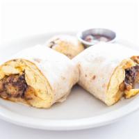 -Brisket Burrito- · Chopped BBQ brisket with scrambled eggs, smoked cheddar, hash brown casserole, and a flour t...