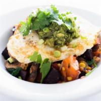 -Beet Hash- · Red beets, mushrooms, corn, onion, sweet potato, spinach, over easy eggs, guacamole, and cil...