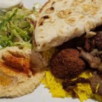 Falafel · A delightful vegetarian mixture of crushed garbanzo beans, parsley, garlic, onions, and spic...