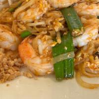 Shrimp Padthai · Stir-fried thin rice noodles with shrimps, egg, garlic, chives, bean sprout, tofu and tamari...