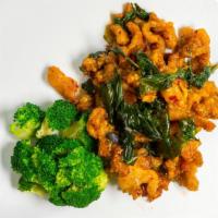 Crispy Basil Chicken · Medium. Stir-fried with crispy chicken in chili garlic sauce served with broccoli sprinkled ...