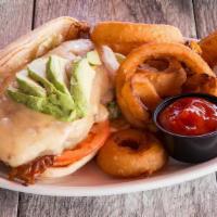 Avocado Sandwich · A grilled chicken breast topped with Monterey Jack cheese, 2 strips of bacon and sliced avoc...