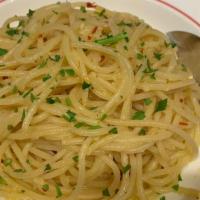 Aglio E Olio · Spaghetti, EVOO, parmesan, garlic, parsley, Fresno chili flakes