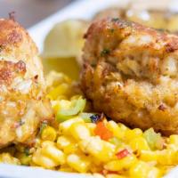 Maryland Crab Cakes · Cherry Pepper Remoulade, Roasted Corn and Clove Rice