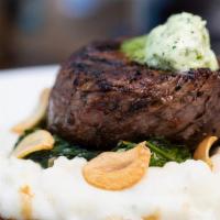 Filet Mignon · Charbroiled 8-ounce Locally Sourced Beef Tenderloin, Sautéed Garlic Spinach, Butter Whipped ...