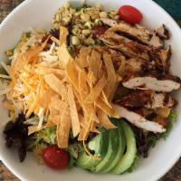 Southwest Chicken Salad · Field Greens, Avocado, Tomatoes, Carrots,  Red Onion, Corn Salsa, Cheddar, Tortilla Strips, ...