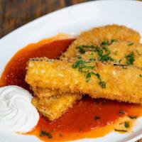 Crispy Fried Eggplant · Rustic Marinara Sauce, Whipped Goats’ Cheese, Grated Parmesan
