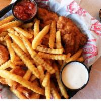 Chicken Tenders, Shrimp & Fries · Served with cocktail sauce & your choice of ranch or house made honey mustard.