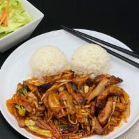 Spicy Chicken Teriyaki · Stir-fried spicy chicken and rice. Served with side lettuce salad (poppy seed dressing).