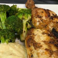 Grilled Chicken · Gluten Free. Half Seasoned Chicken, Red Skinned Mashed Potatoes, Charred broccoli.