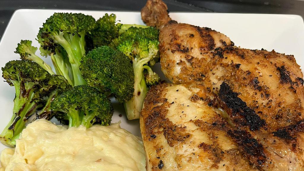 Grilled Chicken · Gluten Free. Half Seasoned Chicken, Red Skinned Mashed Potatoes, Charred broccoli.