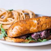 Char-Broiled Beef Tenderloin Sandwich · Horseradish, Arugula & Onion Strings