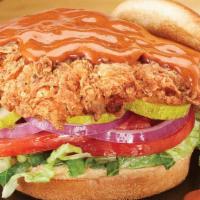 Nashville Hot · buttermilk brined fried chicken • lettuce blend • tomatoes • red onions • pickles • mayo • n...