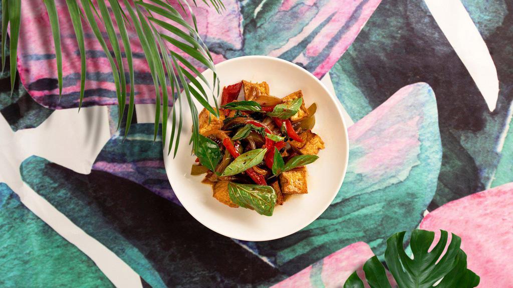 Vegan Thai Basil · Stir-fried garlic, chiles, basil, and green beans with your choice of tofu or vegetables.