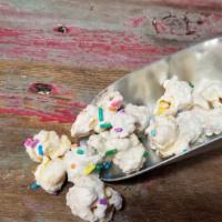 Birthday Cake · Vanilla Popcorn coated with white chocolate, cake batter flavor and lots of sprinkles.