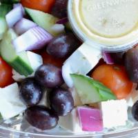 Greek Salad · Cucumber, cherry tomato, kalamata olives, red onion, and feta cheese with lemon-herb vinaigr...