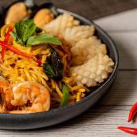 Drunken Seafood Lo Mein · Stir-fried egg noodles with mussels, shrimp and squid. Onion, bell peppers, Thai basil, and ...
