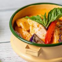 Red Curry · Traditional style red curry with coconut milk, bamboo shoots, eggplant, basil, and bell pepp...