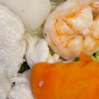 Steamed Chicken & Shrimp With Vegetables · Served with white rice.