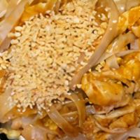 Chicken Pad Thai · Hot and spicy. Rice noodles with bean sprout, chicken, egg and crushed peanuts.