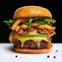 Fries And Shine Burger · American beef patty topped with fries, ketchup, lettuce, tomato, onion, and pickles. Served ...