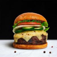 Jalapeno Jeopardy Burger · American beef patty topped with melted cheese, jalapenos, lettuce, tomato, onion, and pickle...