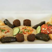 Lezzet Mezzes For 4 · Comes with – Baba Ganoush, Htipiti, Hummus, chef’s Cigars, Dolmas, and Falafels