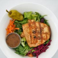 Salmon Salad			Df/Gf/Nf · Mixed Greens with Kirby cucumbers, tomatoes, kalamata olives, red cabbage and, pepperoncini.