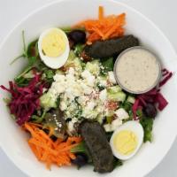 Greek Salad			Gf · Mixed greens with Kirby cucumbers, tomatoes, feta cheese, kalamata olives, red cabbage, boil...