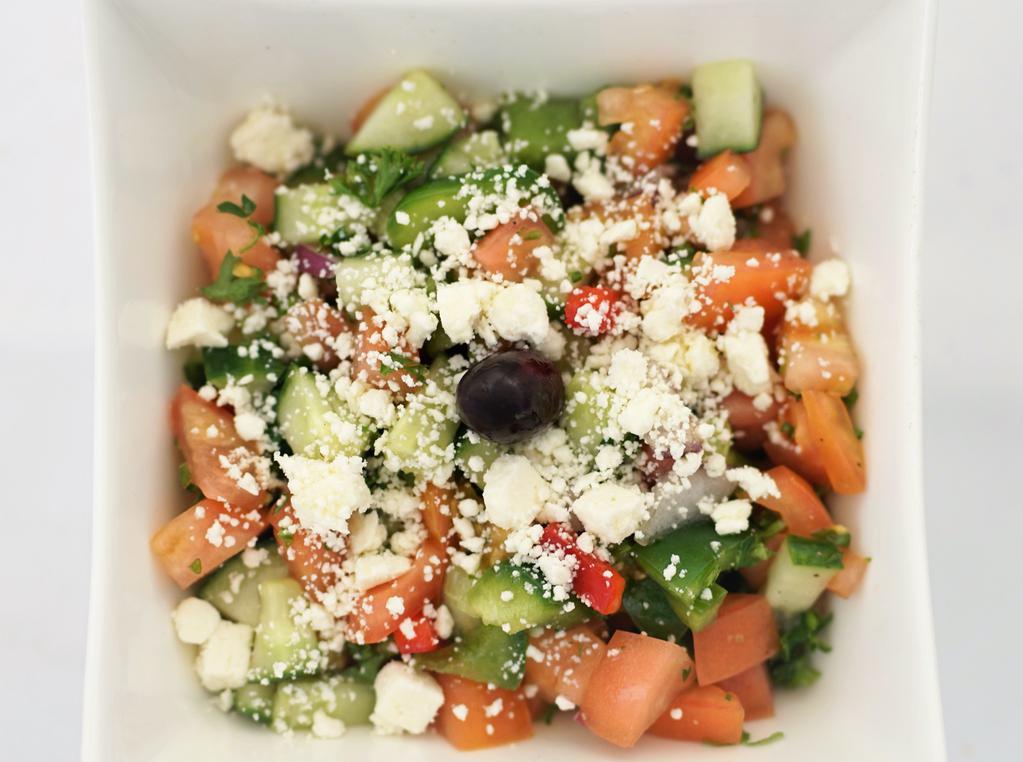 Shepherd’S Salad (Coban)	Gf/ Nf/ · Diced tomatoes, red onions, parsley, Kirby cucumbers, red and green peppers, olive oil, vinegar, crushed Maras pepper, oregano; topped with feta