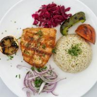 Grilled Atlantic Salmon	Nf/Gf · Grilled filet of salmon, drizzled over lemon olive oil sauce. Served with rice pilaf, bulgur...