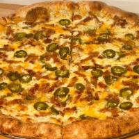 Bacon, Cheddar, Jalapeno  · Marinara sauce, mozzarella cheese, shredded cheddar cheese, bacon pieces, jalapeno slices