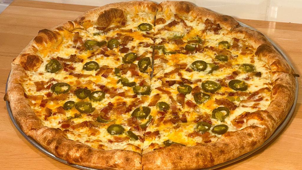 Bacon, Cheddar, Jalapeno  · Marinara sauce, mozzarella cheese, shredded cheddar cheese, bacon pieces, jalapeno slices