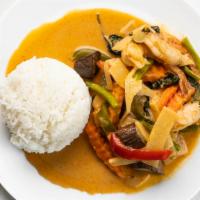 Red Curry (Gf) · Gluten free coconut milk with red curry paste, purple eggplants, carrots, bell peppers, bamb...